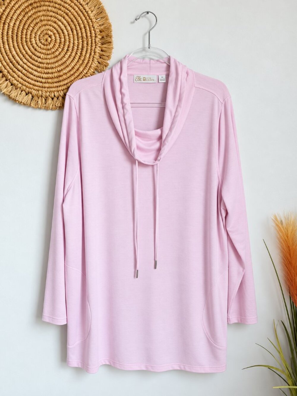 Belle by Kim Gravel Light Pink Cowl Neck Pullover Pocket Knit Tunic Top SZ 2X